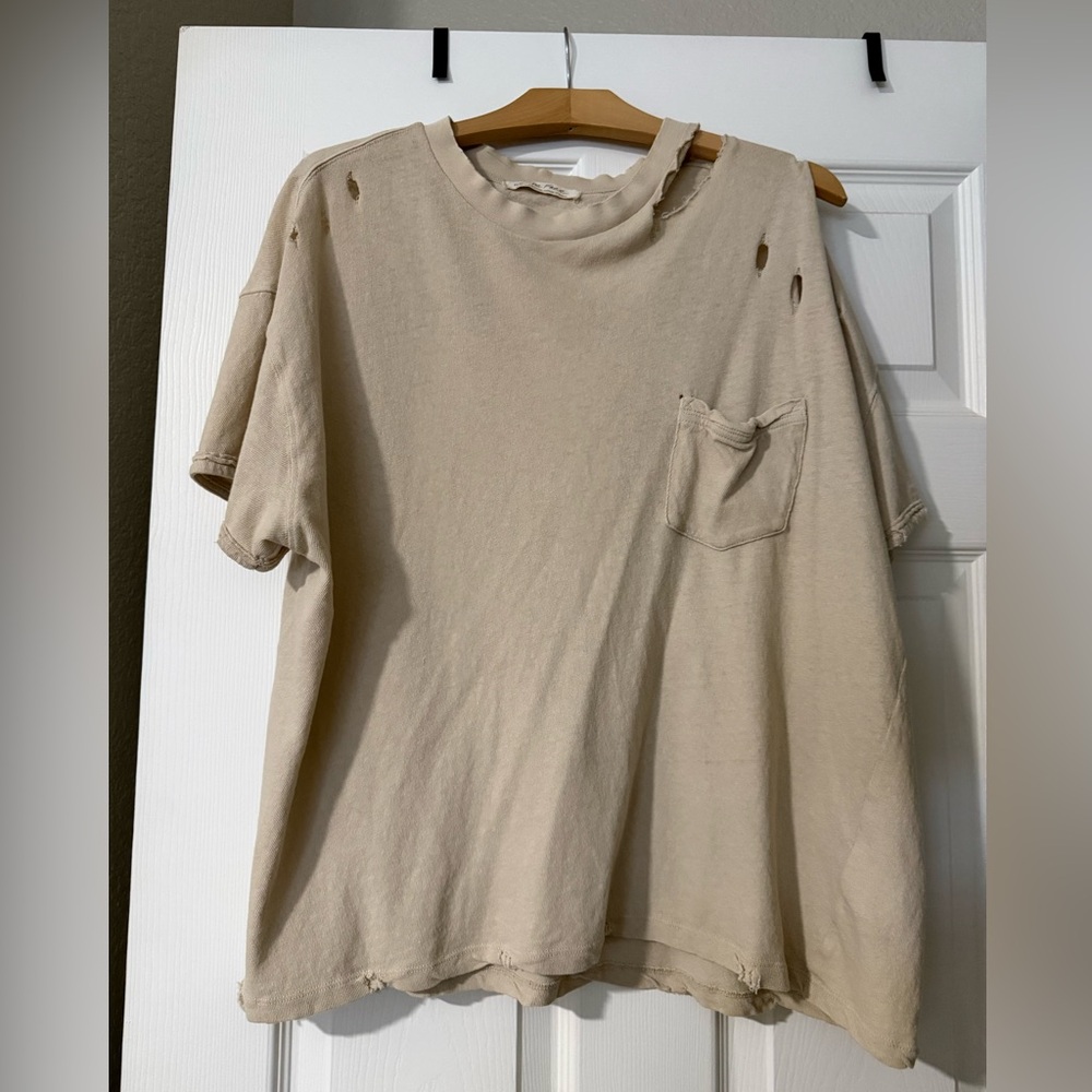 We The Free Rubi Distressed Beige Oat Pocket Tee Shortsleeved by Free People